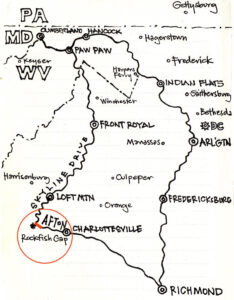 Map of 700 mile bike ride, highlighting section from Charlottesville to Afton.